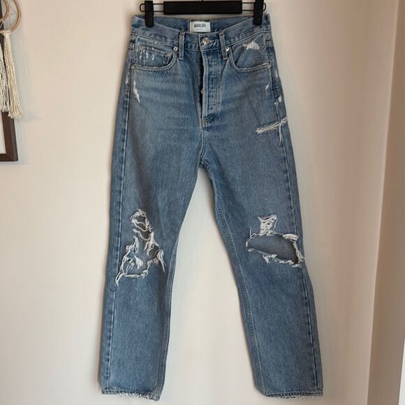 Agolde 90’s mid rise Women Light Blue Ripped distressed Denim Jeans size 23 EUC - Picture 1 of 15